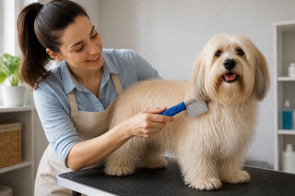 Dog owner brushing their long-haired dog with a slicker brush in natural home lighting, showing proper grooming posture and technique with the dog standing calmly on a grooming table