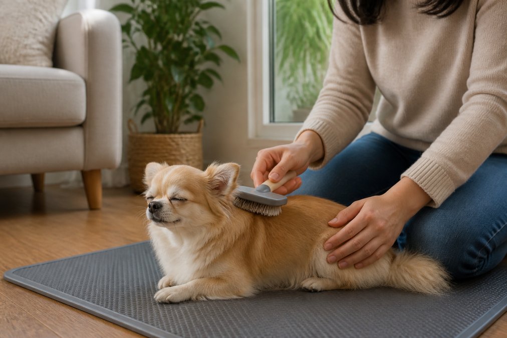 Person gently brushing a small dog with a soft brush on a non-slip mat in a quiet room
