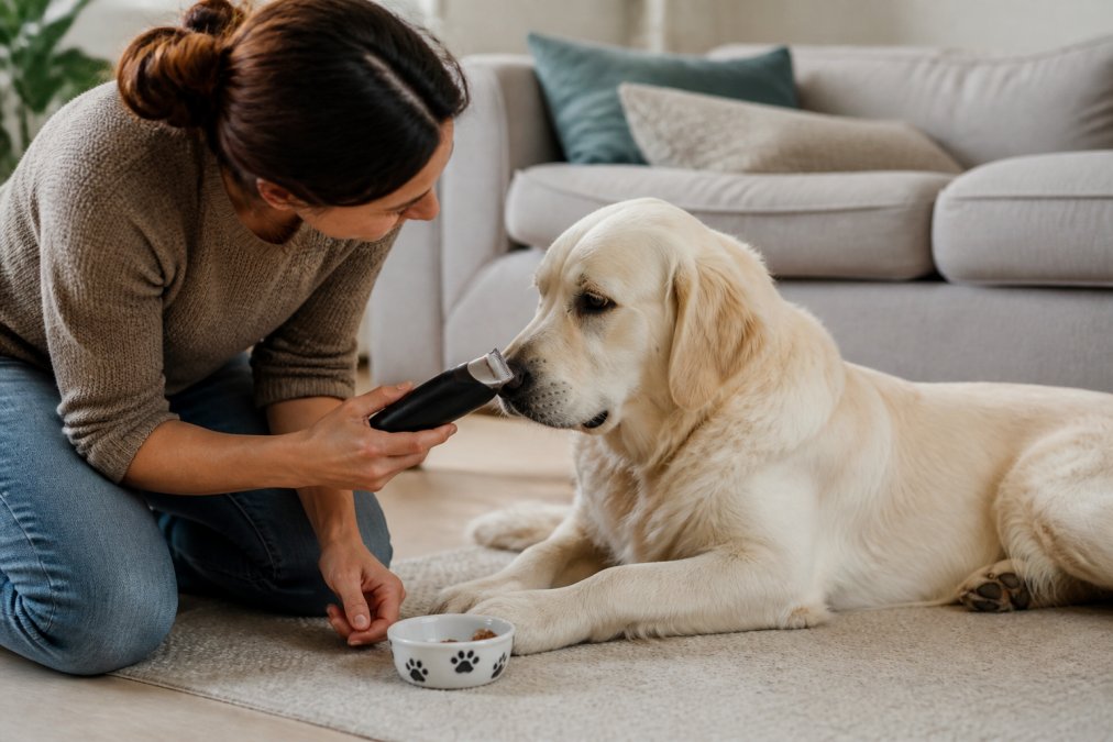 Owner gently introducing a calm dog to grooming clippers in a relaxed home setting, showing positive reinforcement with treats nearby