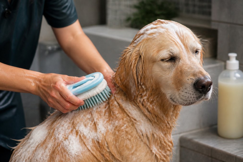 Close-up of owner using soft-grip brush on dog's coat during gentle bathing, with warm water and hypoallergenic shampoo visible