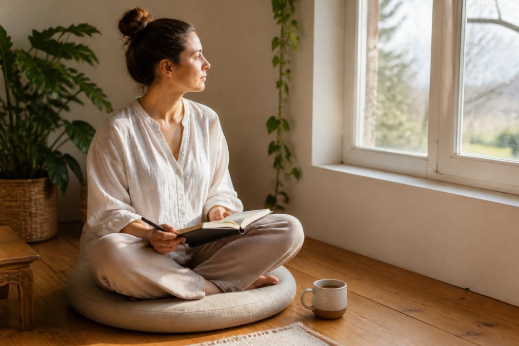Person sitting on a floor cushion journaling with tea to ground yourself daily in a sunlit morning corner