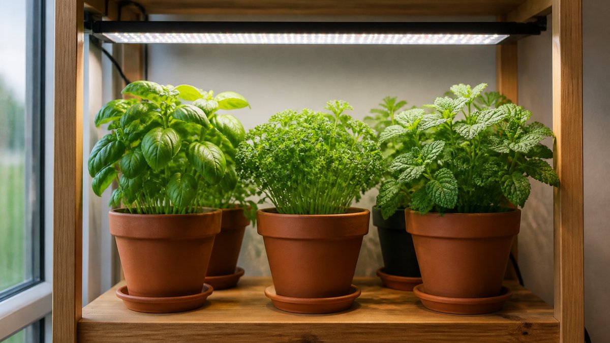 Vibrant basil, parsley, and lemon balm seedlings growing under full-spectrum lights on a wooden shelf