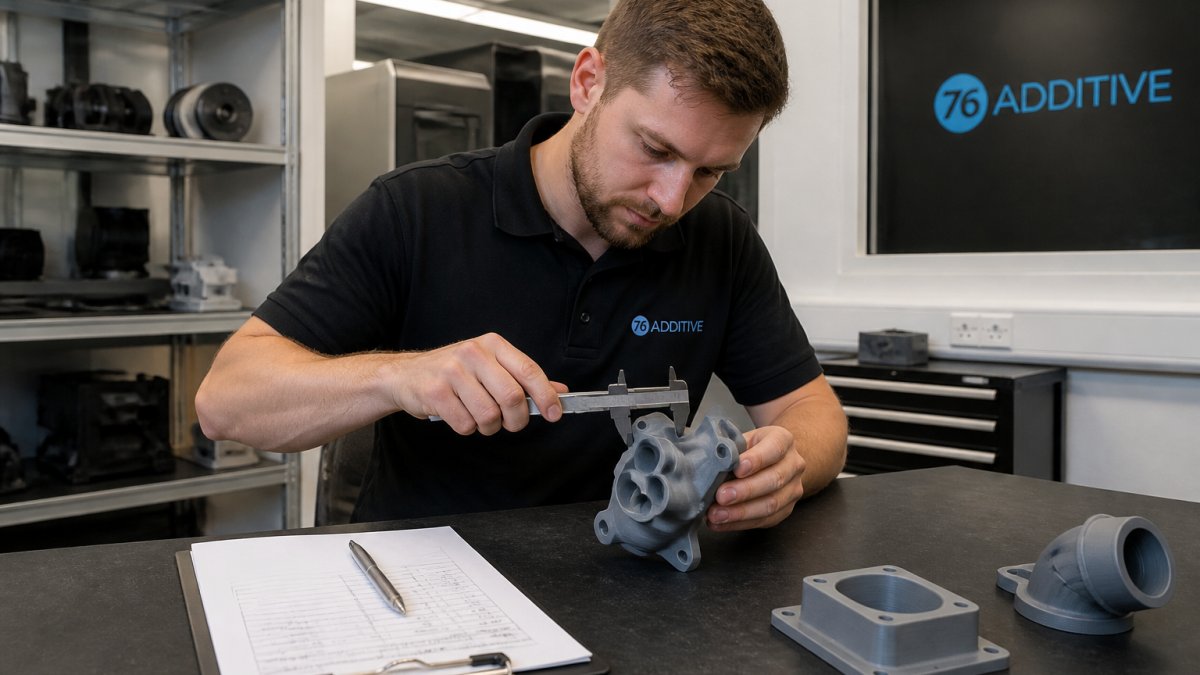 Engineer using digital callipers to assess 3d printed part quality on a workbench with an inspection checklist.