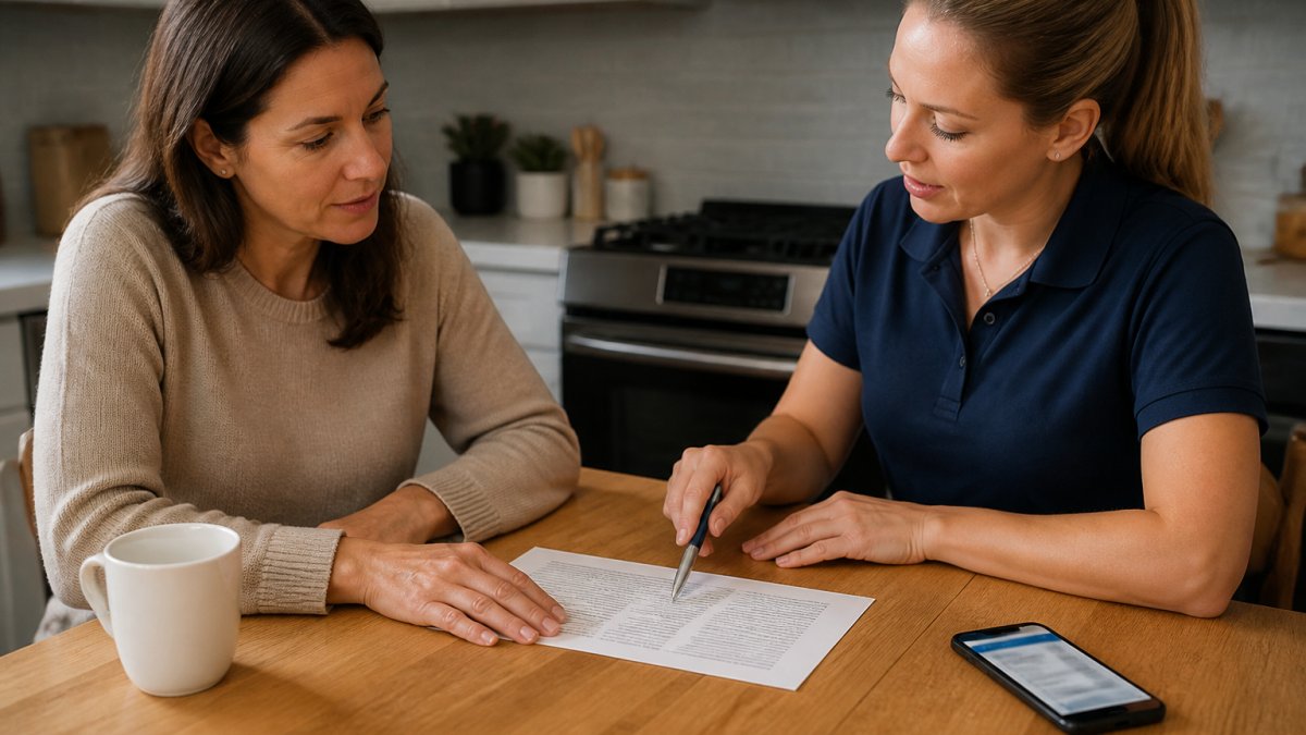 A homeowner and a cleaning service representative reviewing a printed service agreement at a kitchen table, with a smartphone showing a booking app nearby