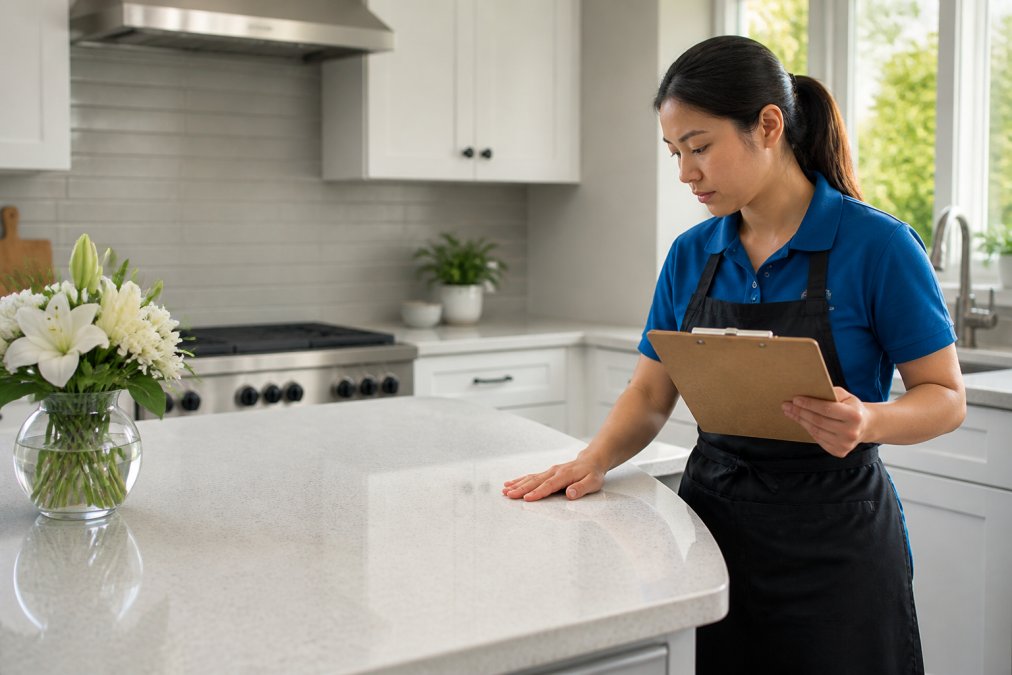 Professional cleaner inspecting a sparkling kitchen countertop with a checklist to ensure cleaner quality.