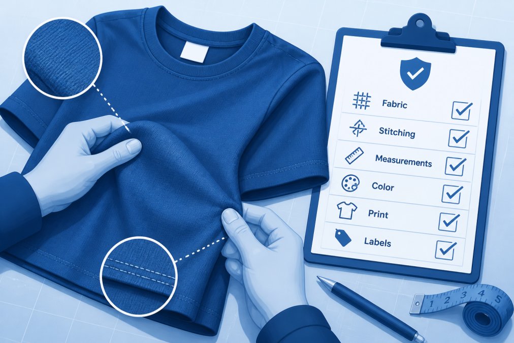 Close-up of hands carefully inspecting custom t-shirt fabric texture and seams, with a quality control checklist on clipboard visible beside the garment on a work table