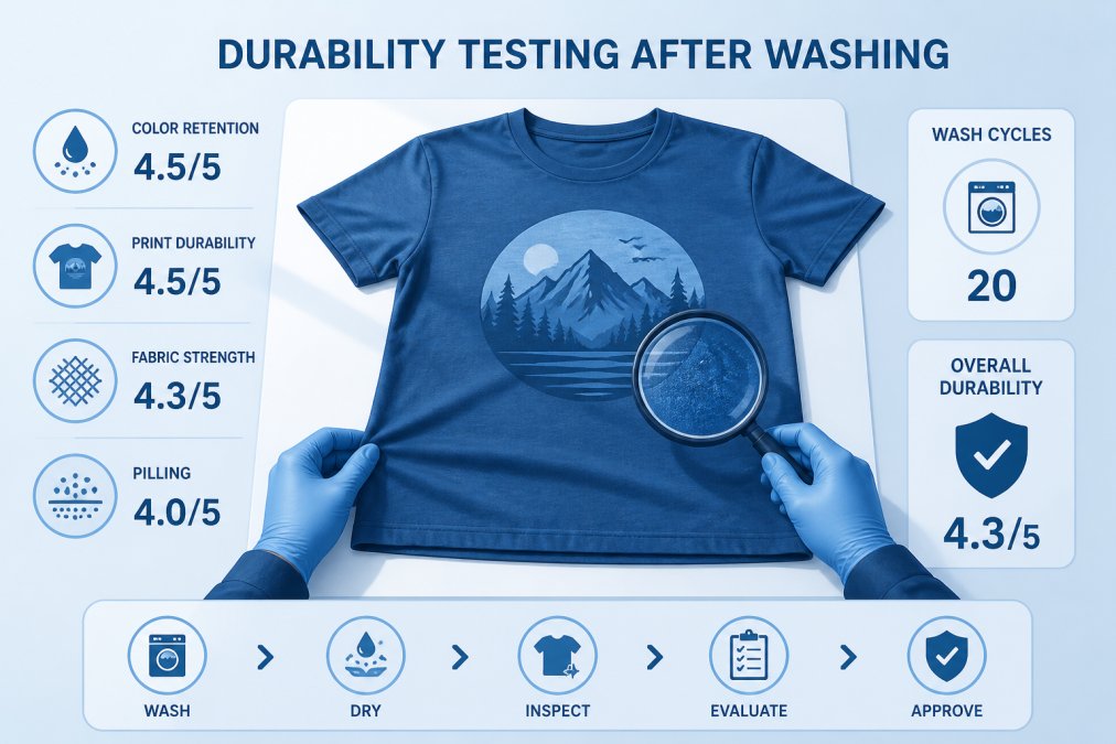 Custom apparel item being inspected after washing, laid flat on a work surface showing color retention and print durability in natural lighting