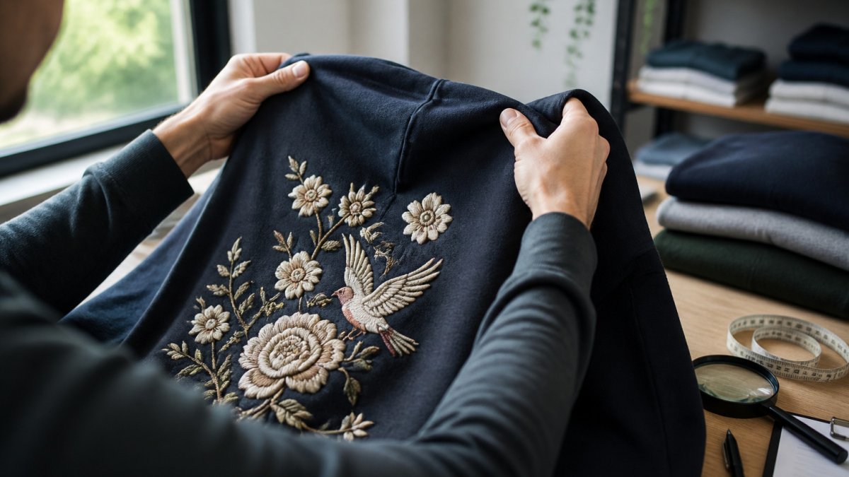 Hands inspecting the stitched edges of a custom embroidered hoodie by a bright window to ensure quality.