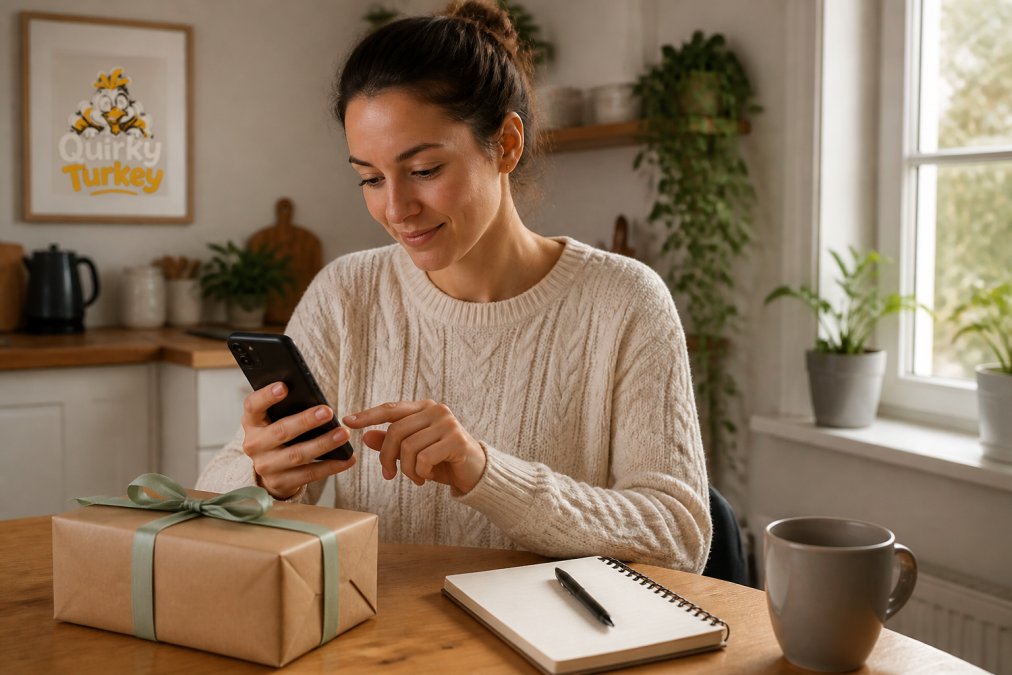 A person at a kitchen table checking a smartphone showing a parcel tracking screen, a wrapped gift box and a pen and notepad beside them, warm natural light from a window