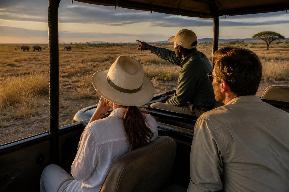 A couple seated in a private open-sided safari vehicle at golden hour, with a field guide pointing toward a distant elephant herd on an open East African savannah plain, warm amber light across the grassland