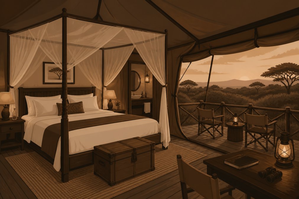Interior of a luxury tented camp suite in East Africa, showing a large canopied bed with crisp white linens, a private veranda with canvas chairs overlooking dense bush, and warm amber lamp light at dusk
