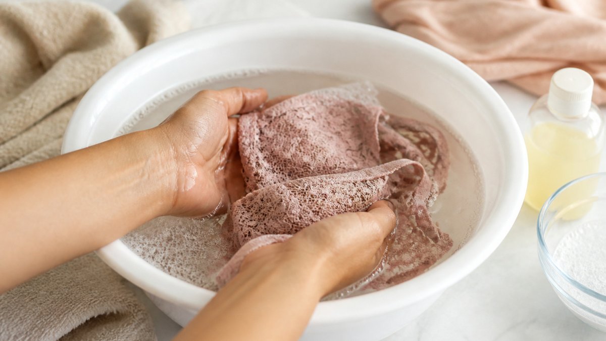 Hands gently swishing a delicate lace bra in a basin to hand wash lace lingerie with mild detergent.