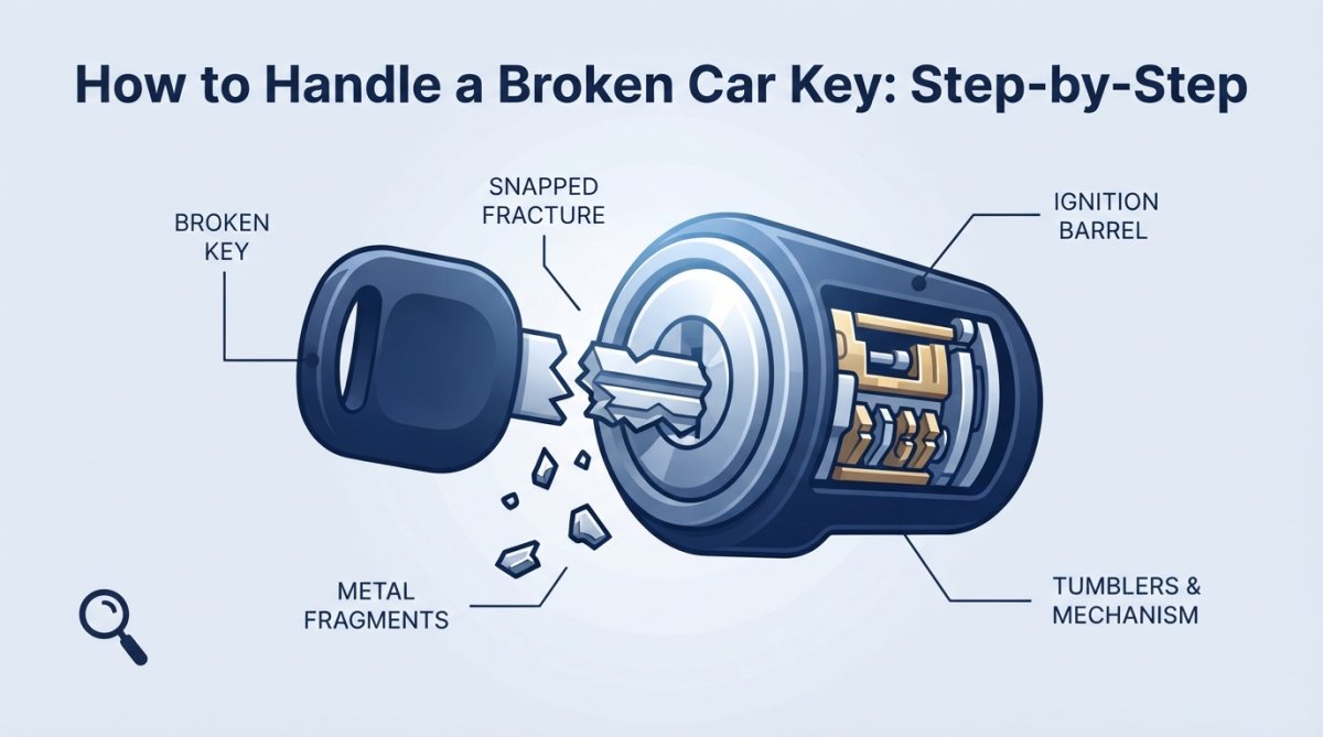 Close-up of a snapped car key partially visible in an ignition cylinder, showing broken metal fragments and the lock mechanism under bright workshop lighting