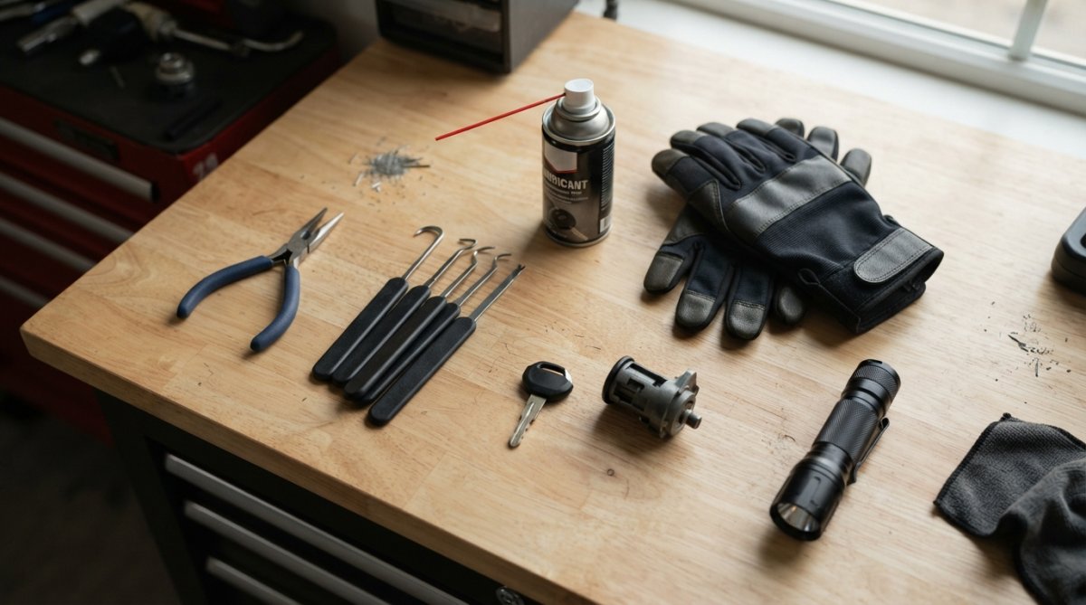 Flat lay of key extraction tools including needle-nose pliers, hook key extractor, graphite lubricant spray, safety gloves, and a flashlight arranged on a clean work surface