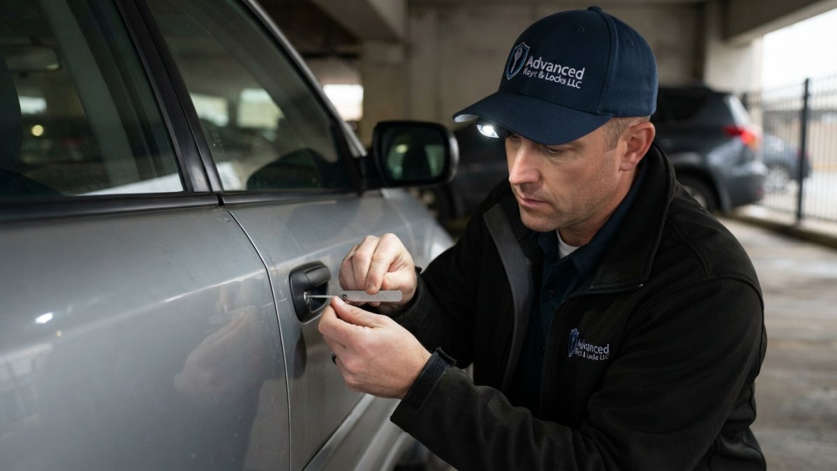 Close-up of a person's hands using fine-tipped tweezers to carefully grip a broken key fragment protruding from a door lock cylinder, with focused lighting on the keyway