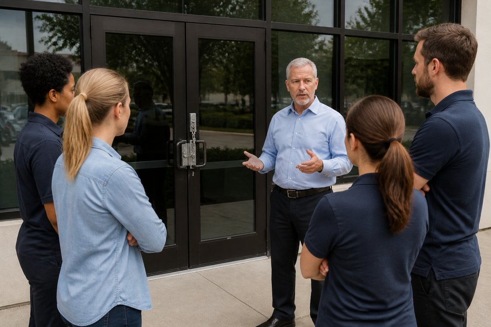 Business owner or manager communicating calmly with employees gathered outside a locked commercial building during daytime, discussing the lockout situation with clear visibility of the locked entrance