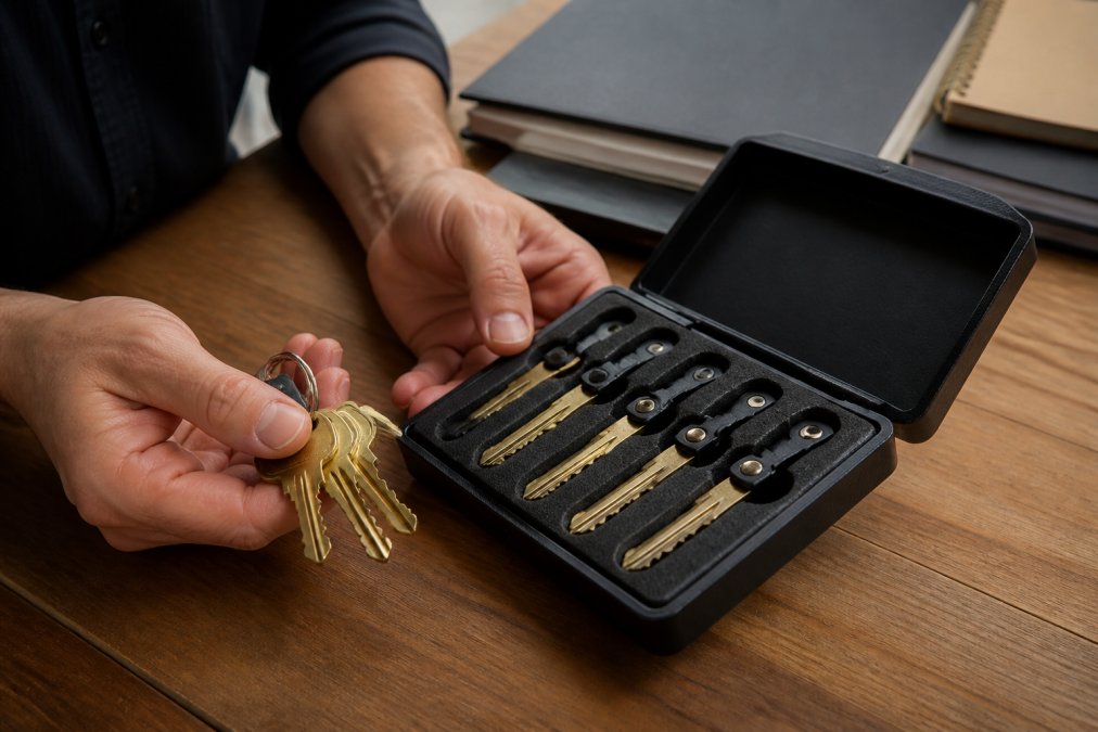 Close-up of hands holding a set of spare keys and a master key system organizer on a wooden desk, showing proper key management and secure storage practices