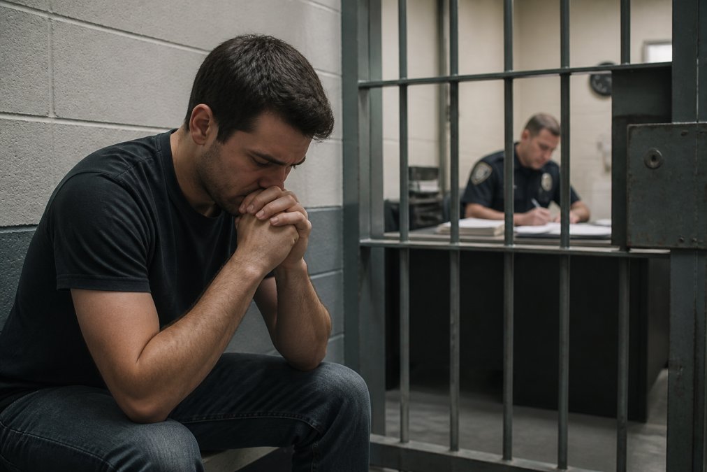 Person sitting in a police station holding cell, looking concerned and distressed, with a uniformed officer visible in the background processing paperwork under fluorescent lighting