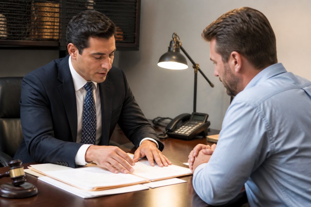 Professional criminal defense attorney in dark business suit meeting with a concerned client across a modern desk in law office, reviewing case documents and discussing strategy under warm office lighting