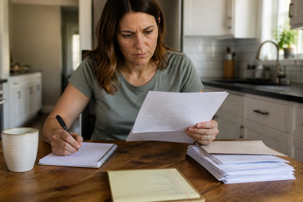 Flowchart outlining steps to challenge a lowball insurance settlement while reviewing documents at a table.