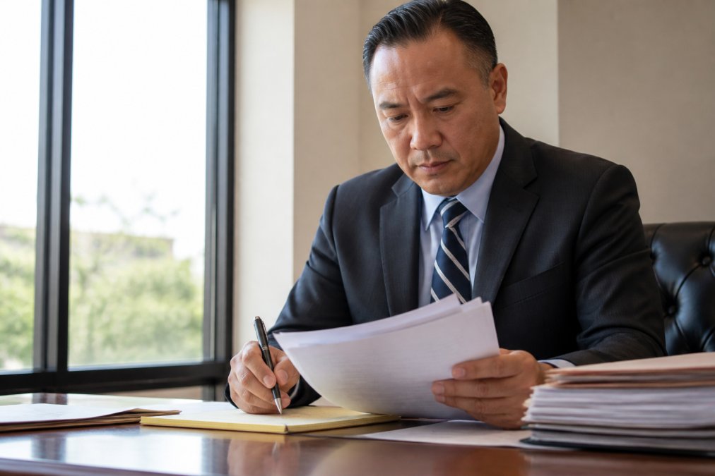 Focused person reviewing legal documents for a misdiagnosis claim at a desk in soft daylight
