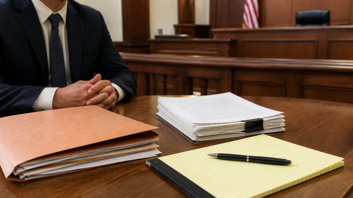 Checklist for a motion to quash hearing showing documents and a folder on a courtroom table