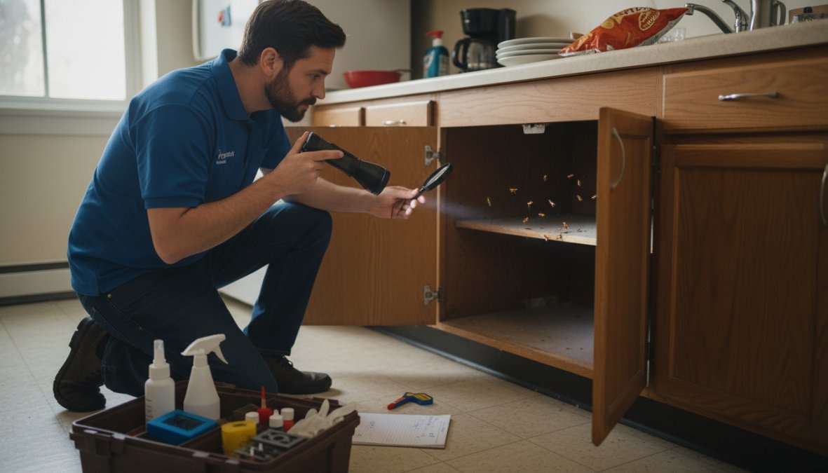 A pest control technician in a navy uniform crouching beside an open kitchen cabinet, shining a bright flashlight along the back wall to inspect for roach nesting materials and egg cases in a residential apartment kitchen