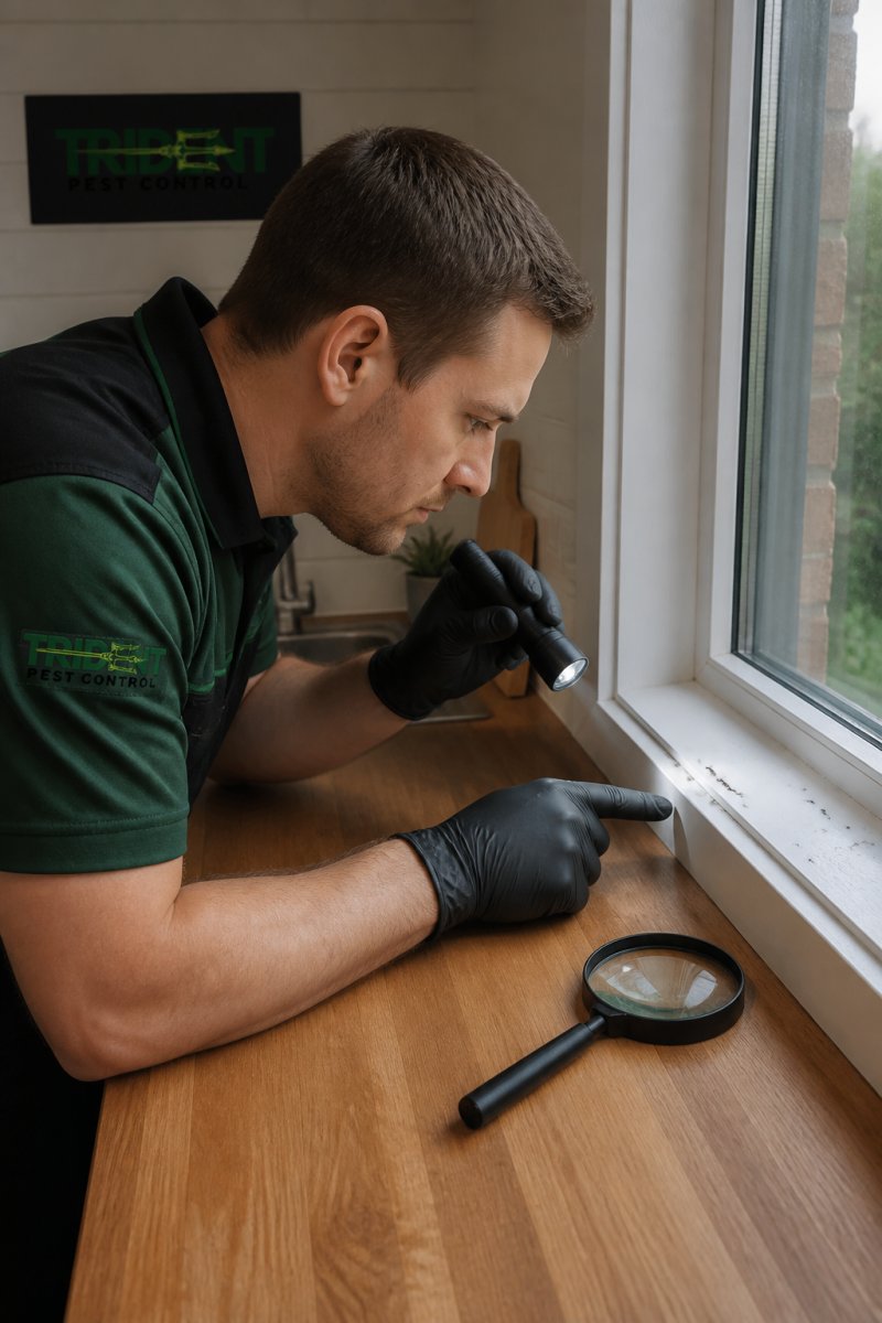 Homeowner crouching near a kitchen window sill, pointing a torch at a thin trail of ants entering through a small crack in the sealant, magnifying glass resting on the bench beside them