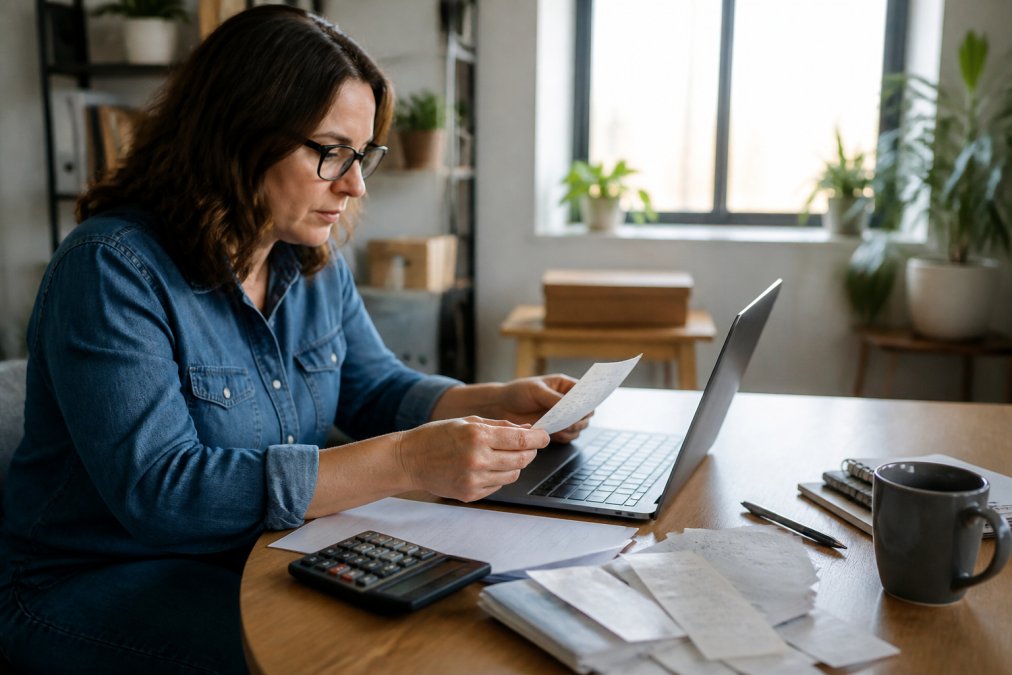 Small business owner reviewing vendor invoices on a laptop to manage accounts payable in a bright home office