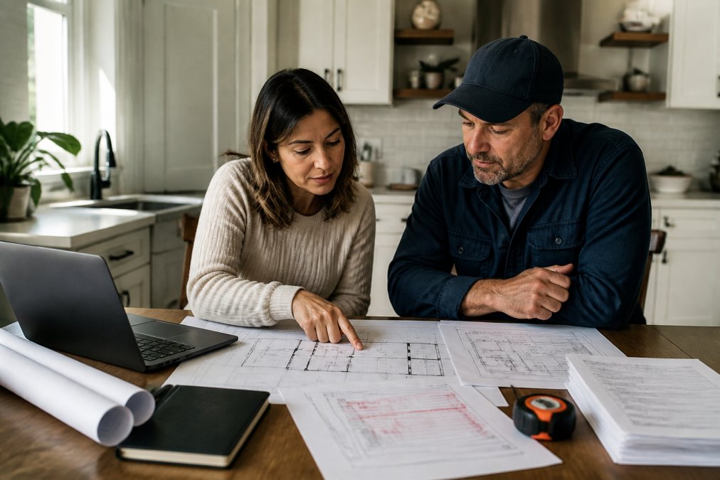 A homeowner and contractor reviewing architectural plans and a correction notice spread across a kitchen table, with a laptop open to a permit portal in the background