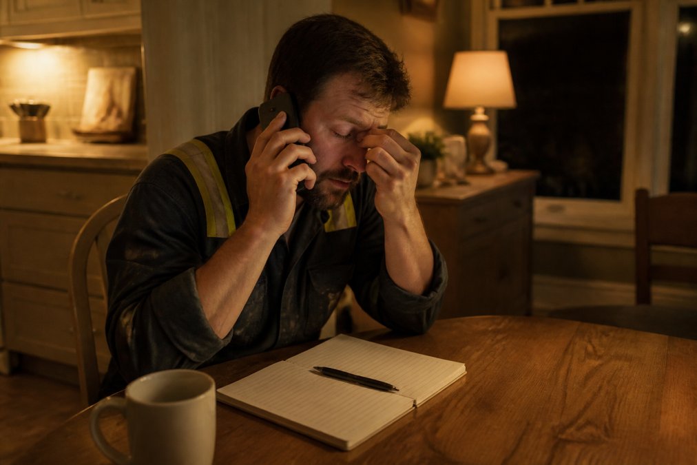 A tired tradesperson in work clothes sitting at a kitchen table at night, phone pressed to ear, notebook and coffee mug nearby, warm lamp light