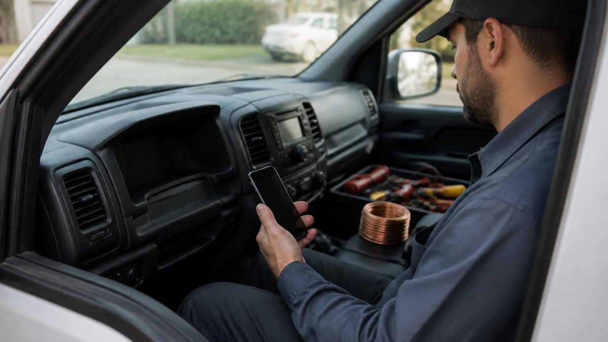 Service technician in work truck holding smartphone, checking voicemail notification while reviewing job details on screen