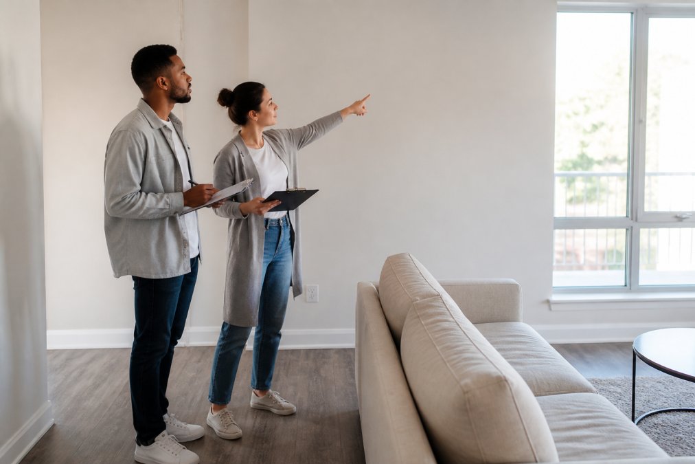 A renter and landlord walking through a bright, modern apartment living room, both holding clipboards and examining a wall together, with natural light streaming through large windows