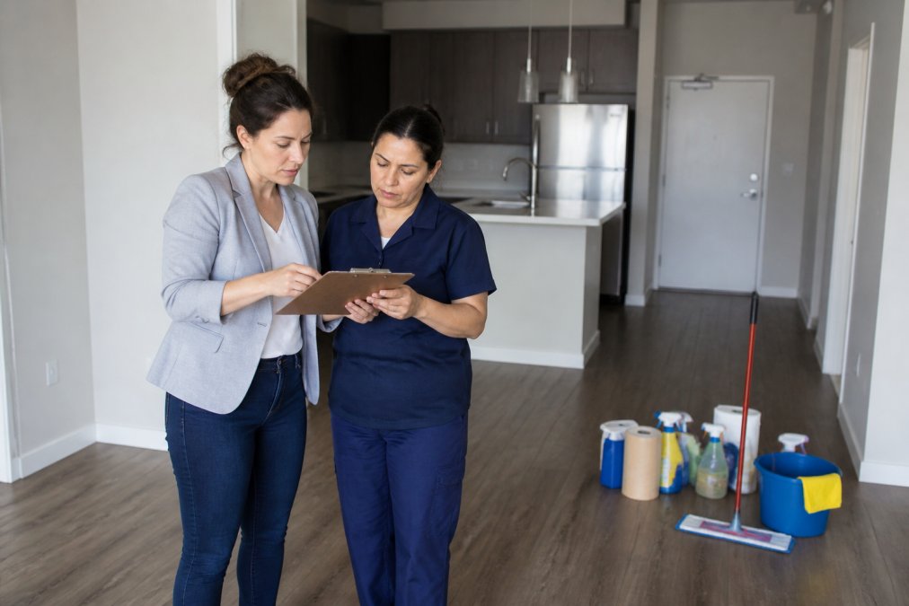 Property manager and cleaning supervisor reviewing an apartment turnover schedule on a clipboard