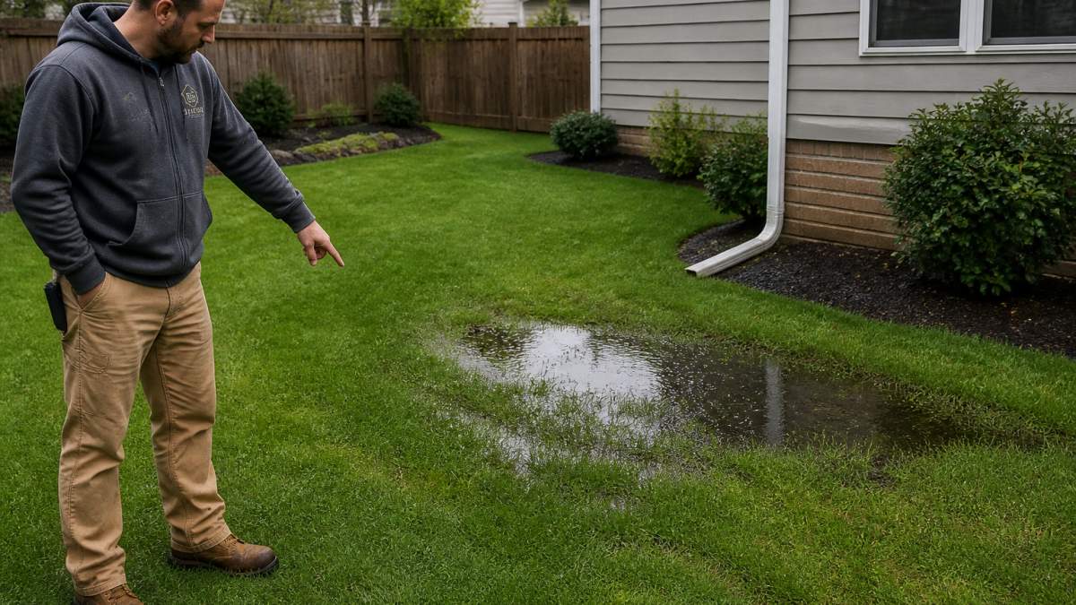 A homeowner in work clothes and boots standing on a sloped lawn after rain, pointing toward a shallow depression where water has pooled, with a house and downspout visible in the background