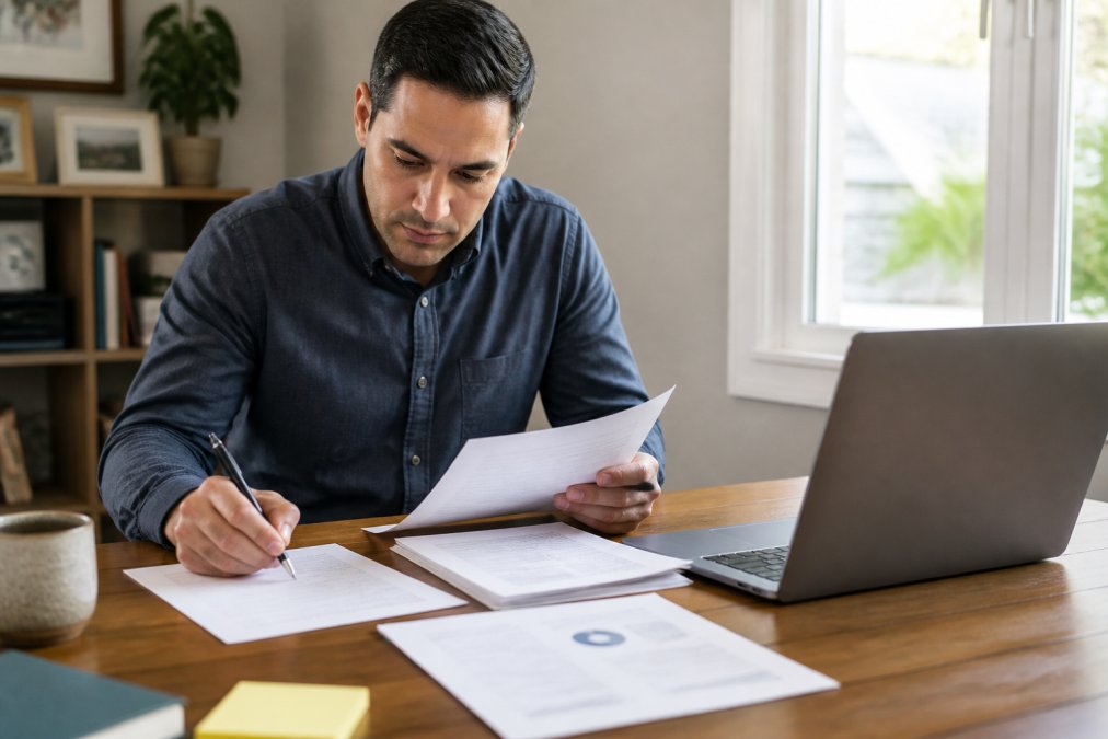 A small business owner sitting at a desk with a laptop open to a government registration portal, reviewing paperwork and taking notes in a bright home office