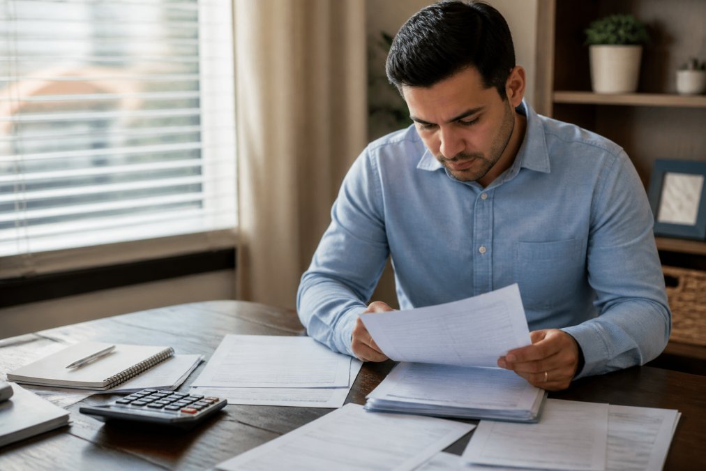 Person sitting at desk with financial documents, calculator, and completed legal forms spread out, reviewing paperwork with focused attention under natural office lighting