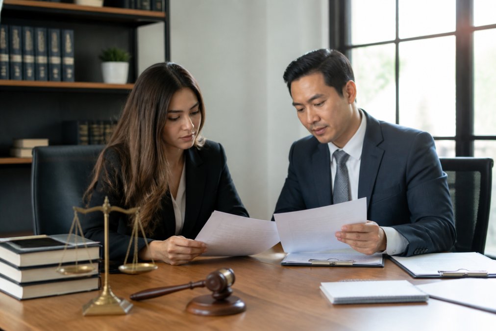 Professional meeting between an individual and a legal advisor in modern office setting, both reviewing documents at desk with natural lighting from windows