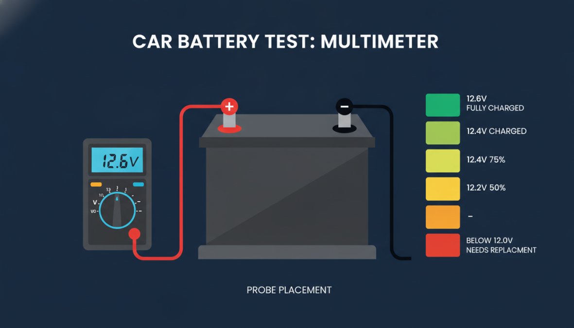 Diagram showing multimeter probe placement on car battery terminals: red probe on positive terminal (labeled +), black probe on negative terminal (labeled -), with voltage scale showing 12.6V (fully charged), 12.4V (75%), 12.2V (50%), and below 12.0V (needs replacement)
