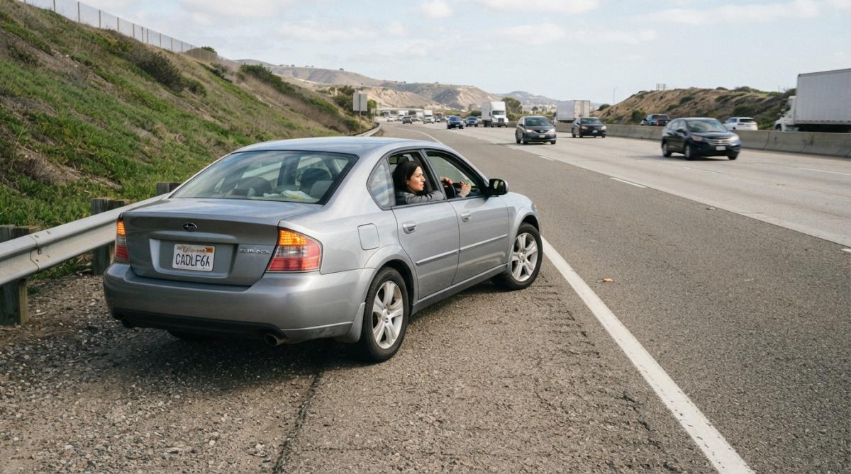 Car with hazard lights activated pulled safely onto highway shoulder with adequate distance from traffic, driver visible inside with hands on steering wheel