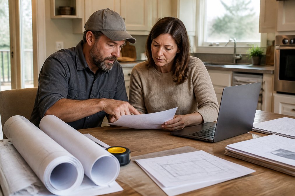 Contractor and homeowner reviewing a permit corrections notice at a table with construction plans and a laptop