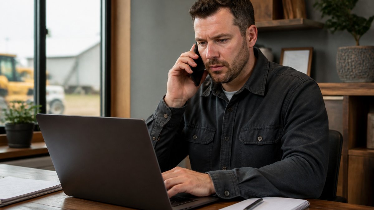 A small business owner at a tidy desk holding a phone to their ear, reviewing an invoice on a laptop screen, with a notepad and pen beside them