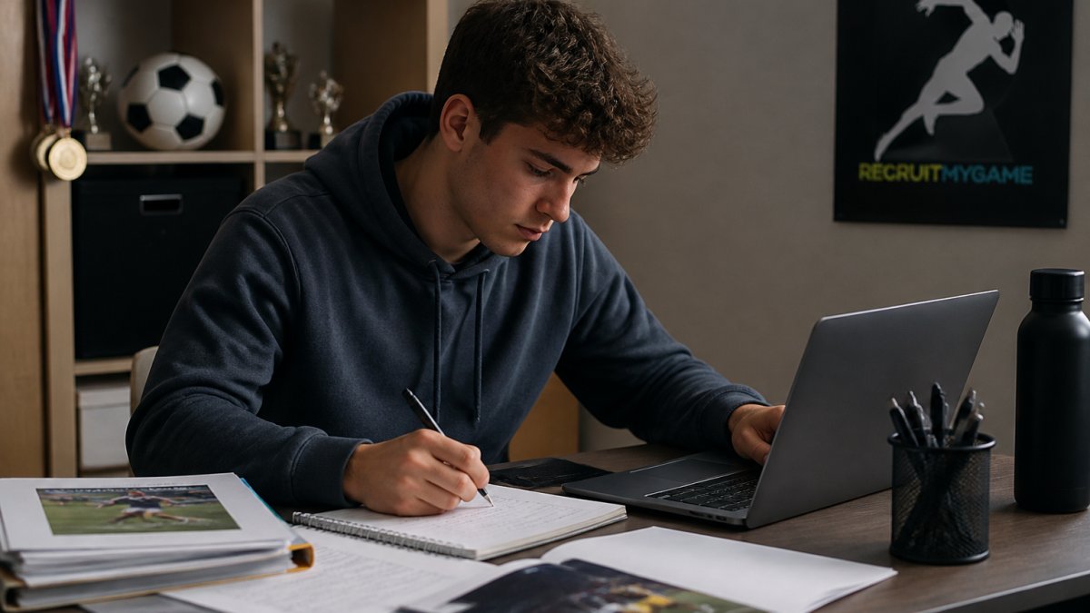 Student-athlete sitting at a desk, thoughtfully composing an email on a laptop, with college recruiting materials and notes nearby