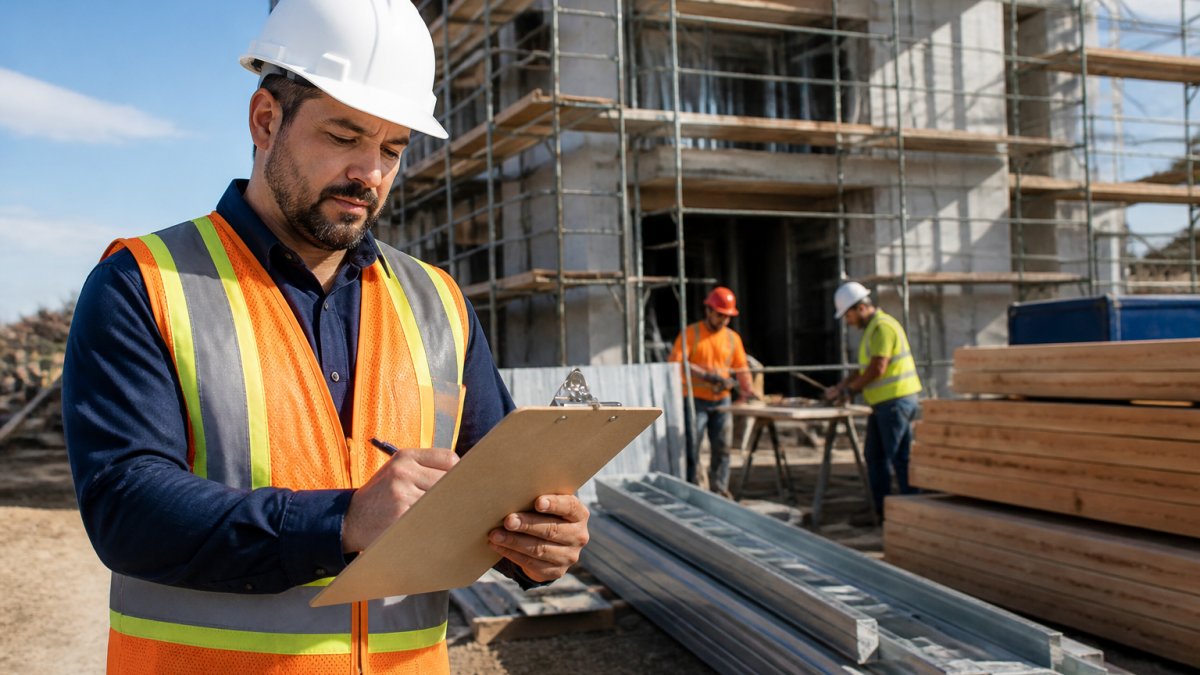 Construction project manager on a job site reviewing change order documents on a clipboard with workers and building materials visible in the background, illustrating the documentation process