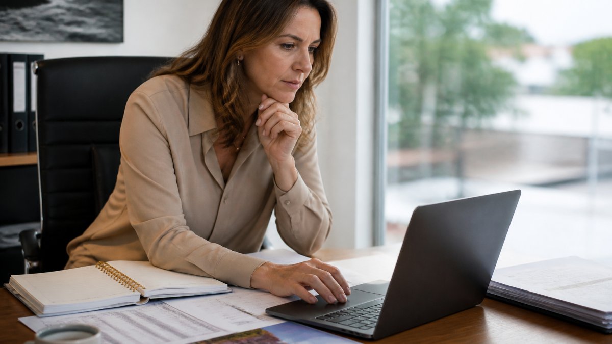 Professional buyer's agent reviewing comparable sales data on laptop at desk with property documents, notes and analysis spreadsheets spread out, focused analytical expression, natural office lighting