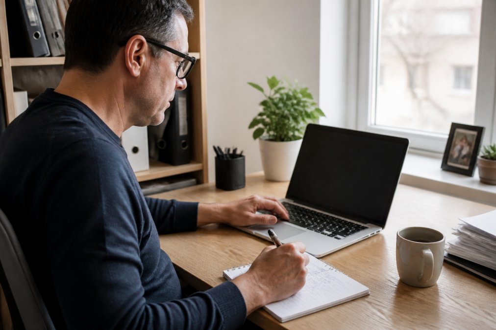 A small business owner at a desk in a home office, laptop open to a government tax portal, a notepad with handwritten numbers and a coffee mug nearby, natural window light