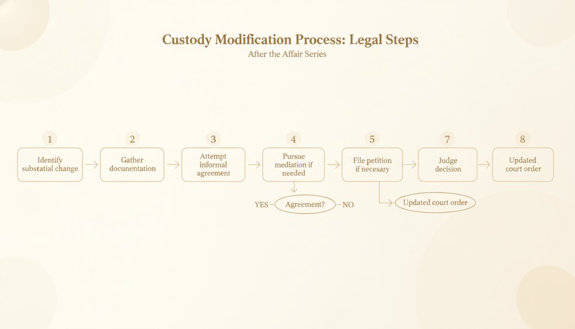 Flowchart showing custody modification process: Identify substantial change → Gather documentation → Attempt informal agreement → Pursue mediation if needed → File petition if necessary → Court review → Judge decision → Updated court order