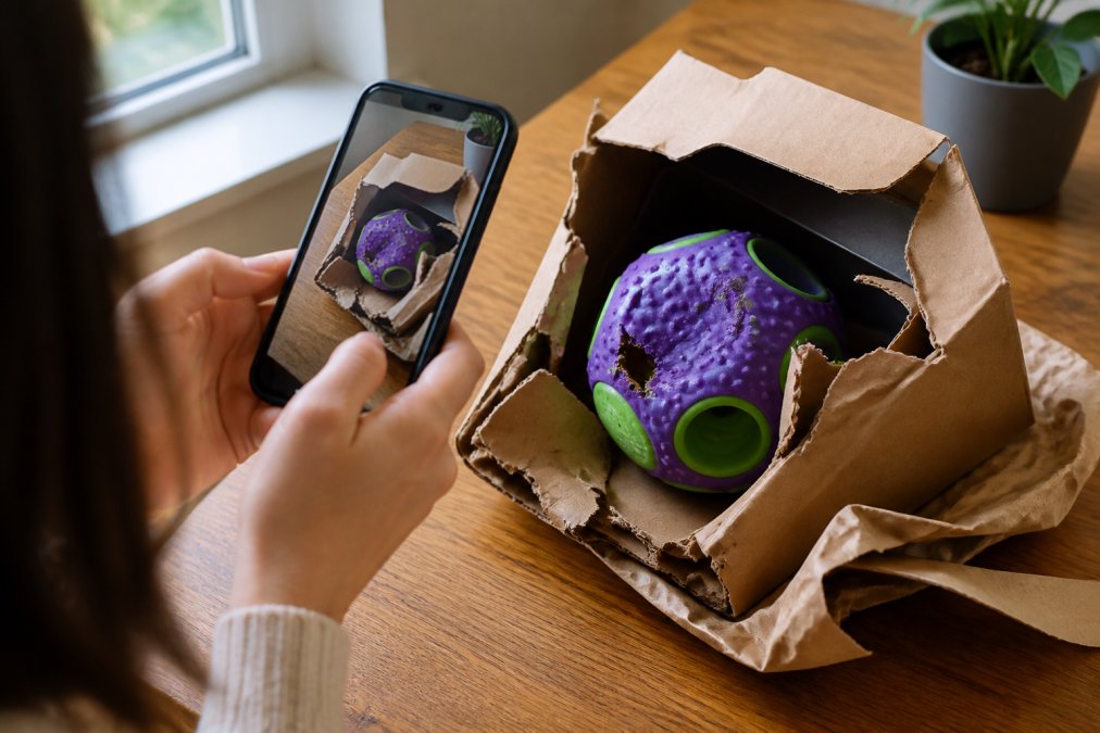 Close-up of a pet owner photographing a damaged pet toy package with a smartphone, showing torn packaging and dented product clearly visible under natural window lighting