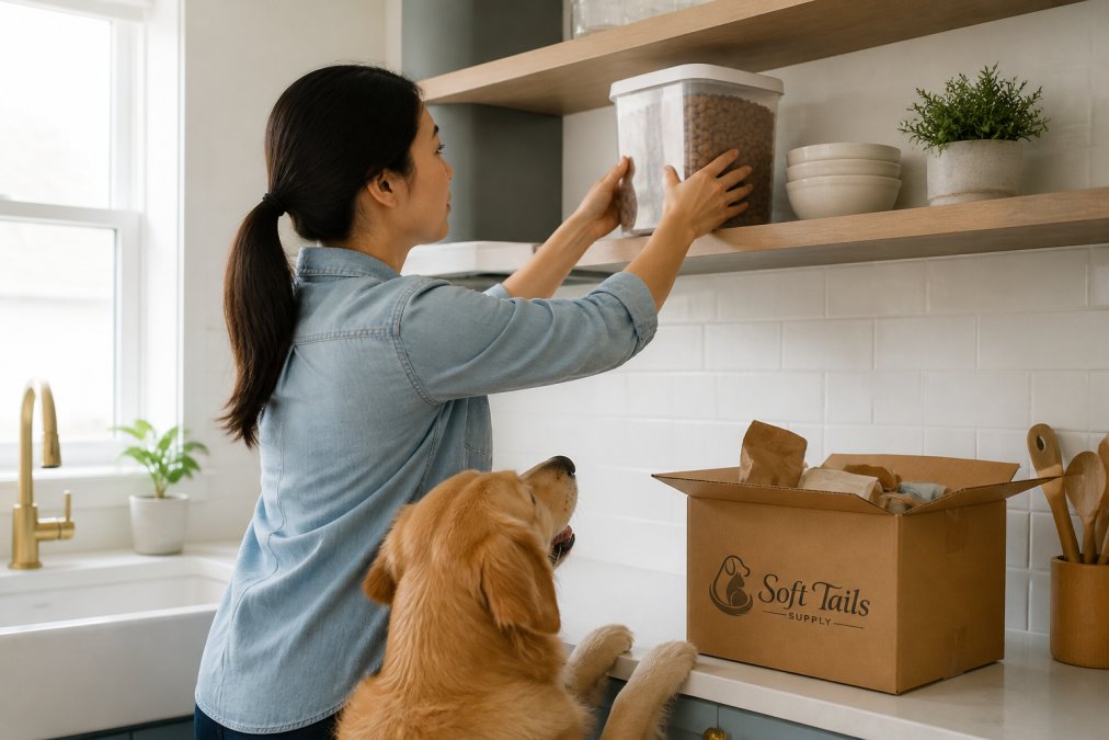 Pet owner carefully placing a damaged pet food container on a high kitchen shelf away from their curious dog, demonstrating safe temporary storage while awaiting replacement