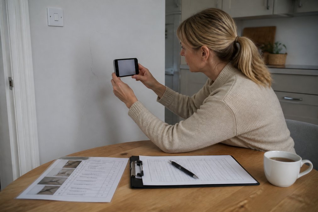 A homeowner sitting at a kitchen table with a clipboard and pen, photographing a small crack in a wall with a smartphone, a printed snagging checklist beside them